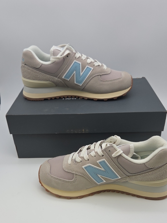 New Balance Shoes - New Balance Taupe Sneakers with Light Blue N Logo